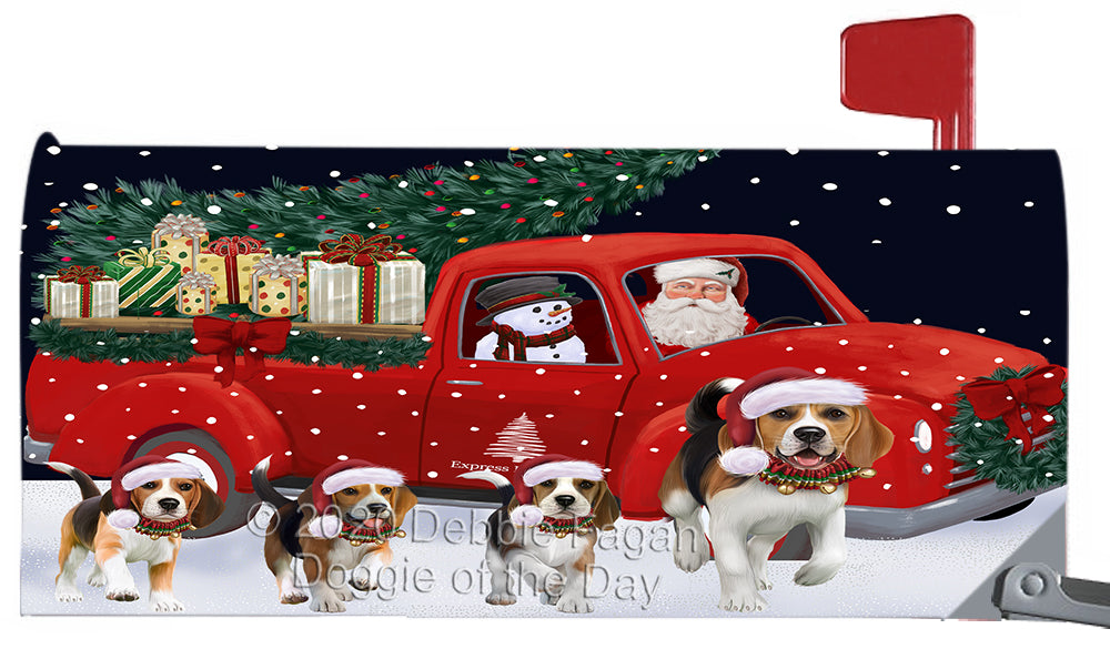 Christmas Express Delivery Red Truck Running Beagle Dog Magnetic Mailbox Cover Both Sides Pet Theme Printed Decorative Letter Box Wrap Case Postbox Thick Magnetic Vinyl Material
