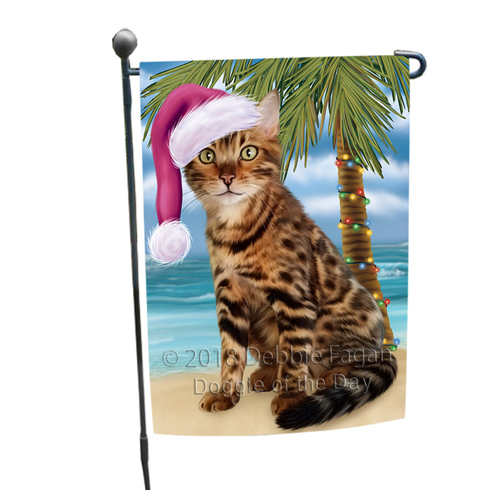 Summertime Happy Holidays Christmas Bengal Cat on Tropical Island Beach Garden Flag GFLG54596