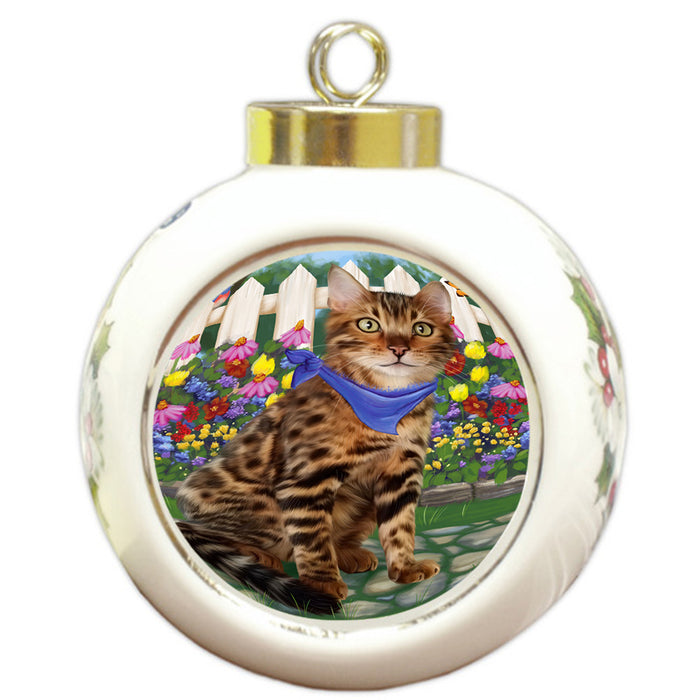 Spring Floral Bengal Cat Round Ball Christmas Ornament RBPOR52233