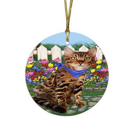 Spring Floral Bengal Cat Round Flat Christmas Ornament RFPOR52224