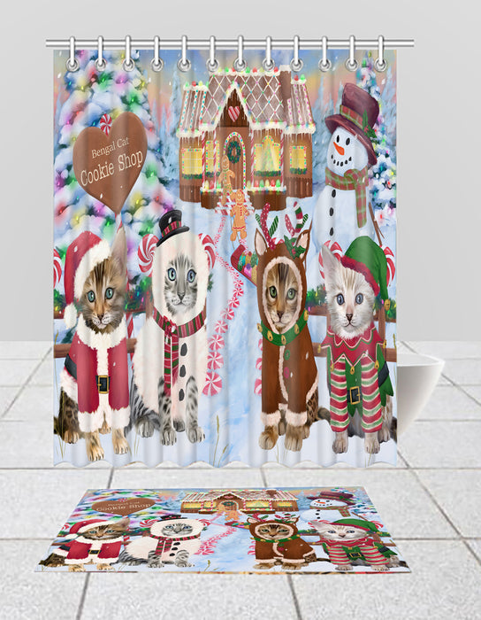 Holiday Gingerbread Cookie Bengal Cats  Bath Mat and Shower Curtain Combo