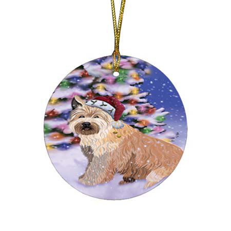 Winterland Wonderland Berger Picard Dog In Christmas Holiday Scenic Background Round Flat Christmas Ornament RFPOR56040