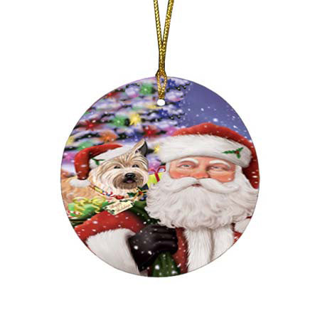 Santa Carrying Berger Picard Dog and Christmas Presents Round Flat Christmas Ornament RFPOR55841