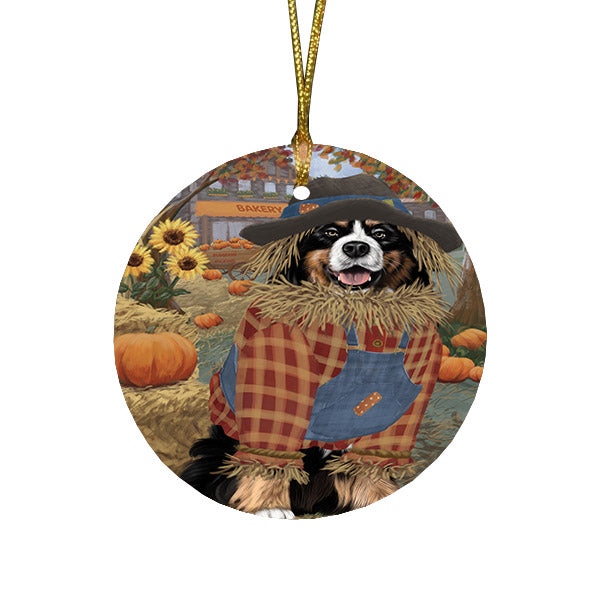 Halloween 'Round Town And Fall Pumpkin Scarecrow Both Bernese Mountain Dogs Round Flat Christmas Ornament RFPOR57437