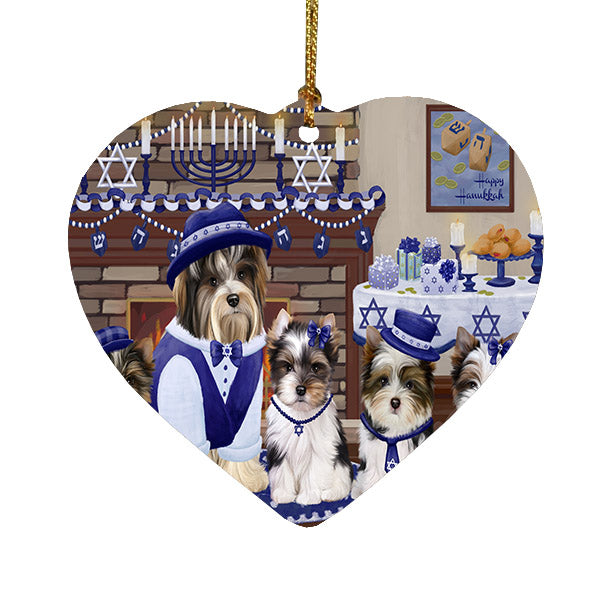 Happy Hanukkah Family Biewer Dogs Heart Christmas Ornament HPOR57596