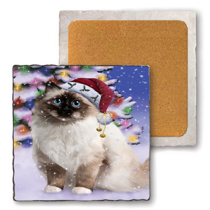 Winterland Wonderland Birman Cat In Christmas Holiday Scenic Background Set of 4 Natural Stone Marble Tile Coasters MCST50686
