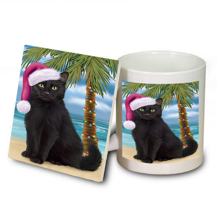 Summertime Happy Holidays Christmas Black Cat on Tropical Island Beach Mug and Coaster Set MUC54404