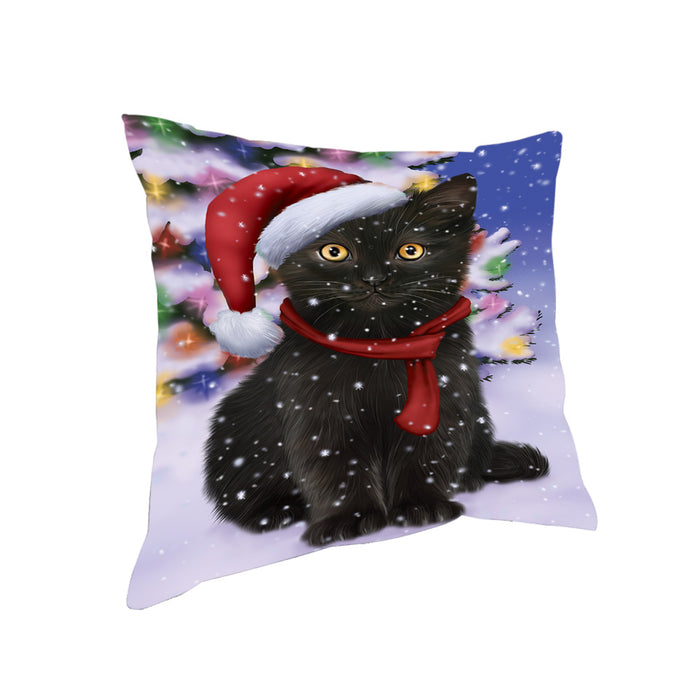 Winterland Wonderland Black Cat In Christmas Holiday Scenic Background Pillow PIL71576