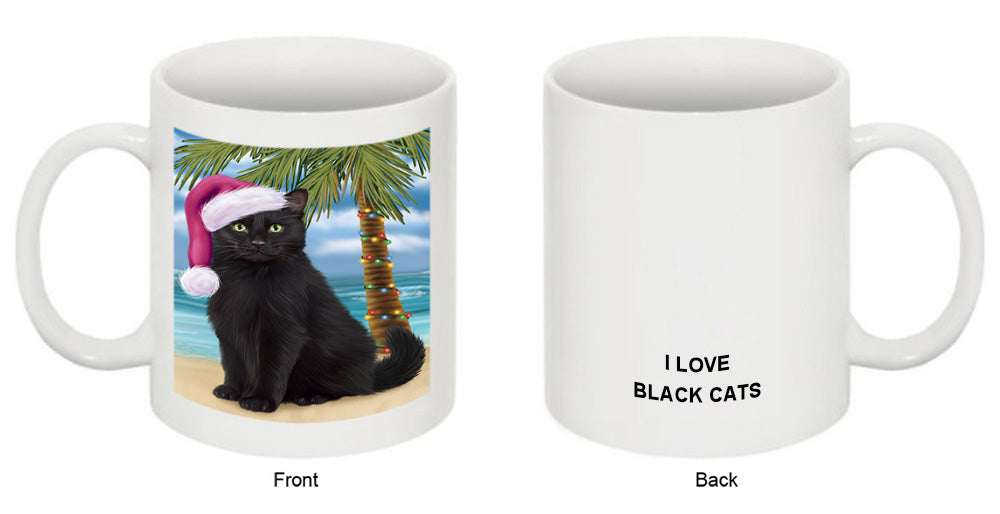 Summertime Happy Holidays Christmas Black Cat on Tropical Island Beach Coffee Mug MUG49810