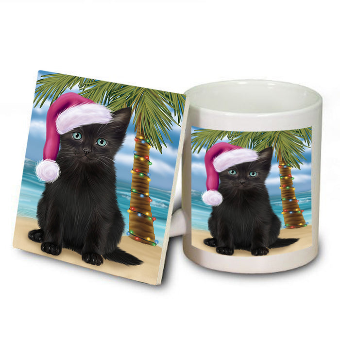 Summertime Happy Holidays Christmas Black Cat on Tropical Island Beach Mug and Coaster Set MUC54405