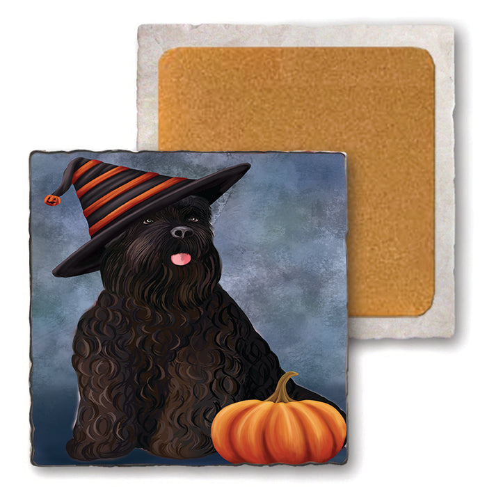 Happy Halloween Black Russian Terrier Dog Wearing Witch Hat with Pumpkin Set of 4 Natural Stone Marble Tile Coasters MCST49865