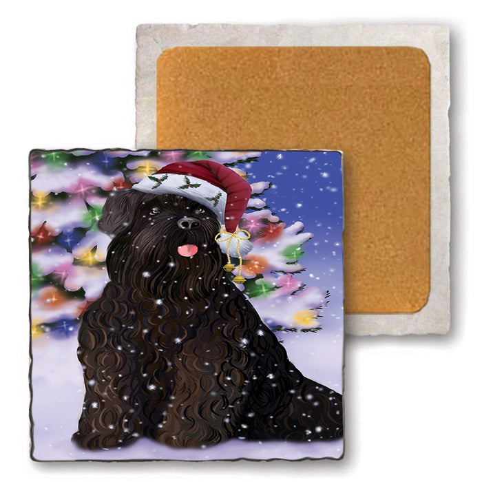 Winterland Wonderland Black Russian Terrier Dog In Christmas Holiday Scenic Background Set of 4 Natural Stone Marble Tile Coasters MCST50688