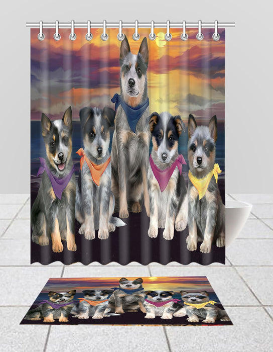 Family Sunset Portrait Blue Heeler Dogs Bath Mat and Shower Curtain Combo