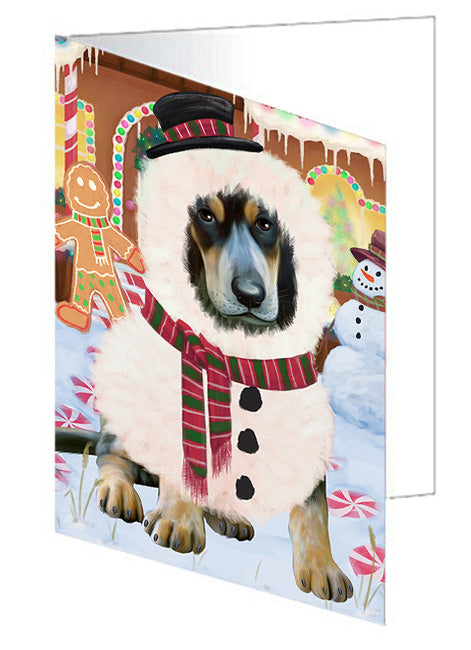 Christmas Gingerbread House Candyfest Bluetick Coonhound Dog Handmade Artwork Assorted Pets Greeting Cards and Note Cards with Envelopes for All Occasions and Holiday Seasons GCD73112