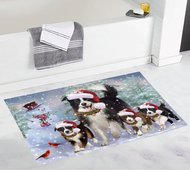 Christmas Running Fammily Border Collie Dogs Bath Mat