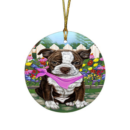 Spring Floral Boston Terrier Dog Round Flat Christmas Ornament RFPOR49795