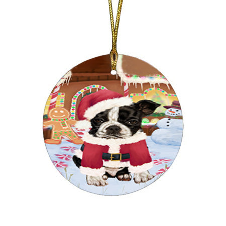 Christmas Gingerbread House Candyfest Boston Terrier Dog Round Flat Christmas Ornament RFPOR56562