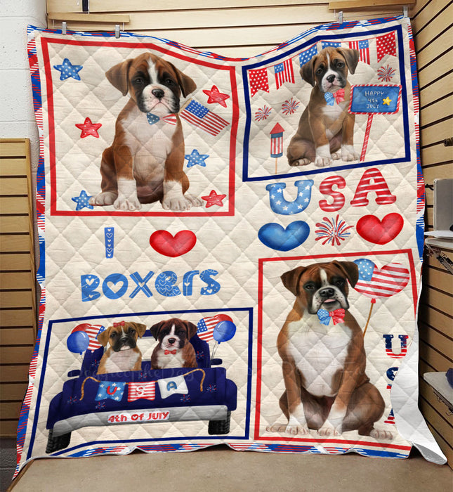 4th of July Independence Day I Love USA Boxer Dogs Quilt Bed Coverlet Bedspread - Pets Comforter Unique One-side Animal Printing - Soft Lightweight Durable Washable Polyester Quilt