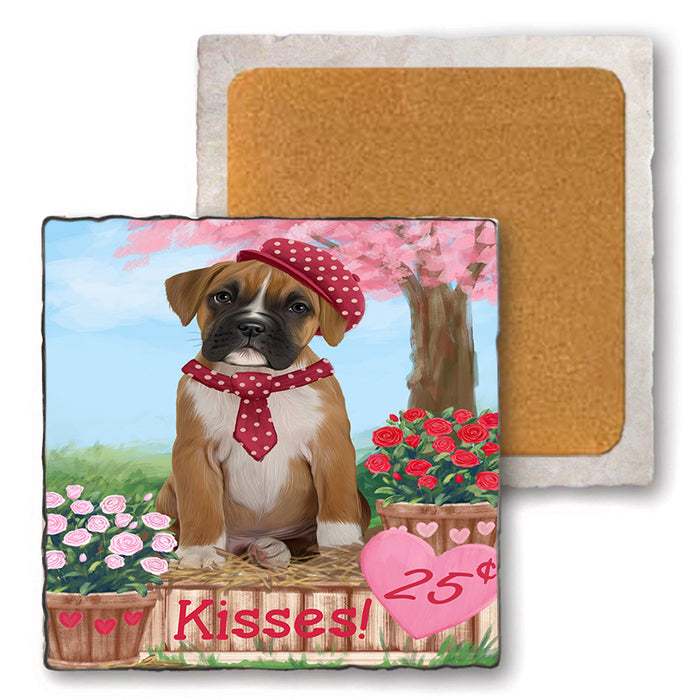 Rosie 25 Cent Kisses Boxer Dog Set of 4 Natural Stone Marble Tile Coasters MCST50949