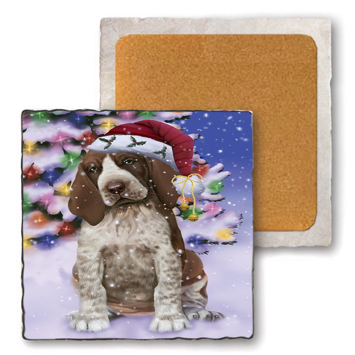 Winterland Wonderland Bracco Italiano Dog In Christmas Holiday Scenic Background Set of 4 Natural Stone Marble Tile Coasters MCST50689