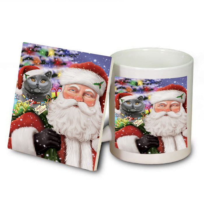 Santa Carrying British Shorthair Cat and Christmas Presents Mug and Coaster Set MUC55487