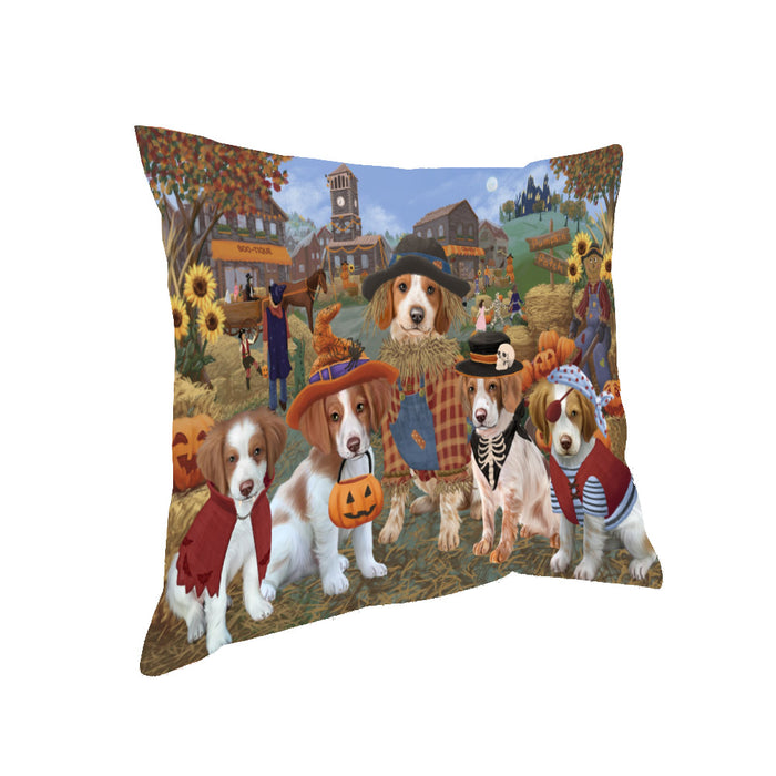 Halloween 'Round Town And Fall Pumpkin Scarecrow Both Brittany Spaniel Dogs Pillow PIL82324