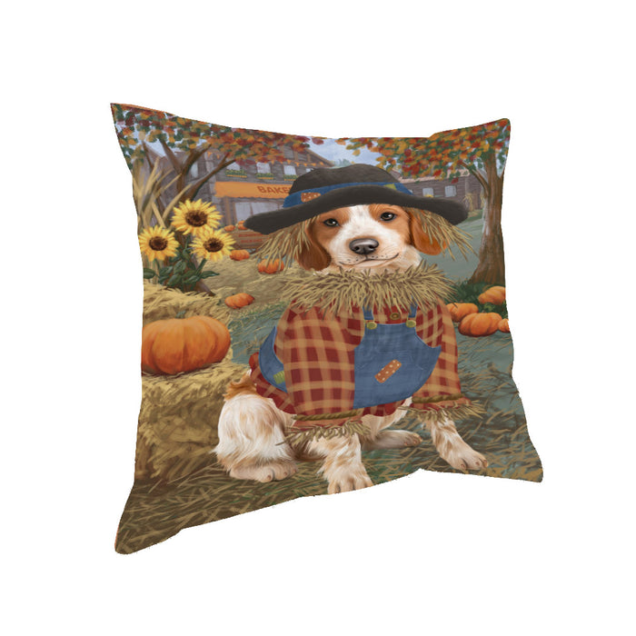 Halloween 'Round Town And Fall Pumpkin Scarecrow Both Brittany Spaniel Dogs Pillow PIL82568