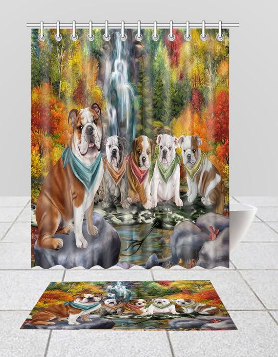 Scenic Waterfall Bulldogs Bath Mat and Shower Curtain Combo