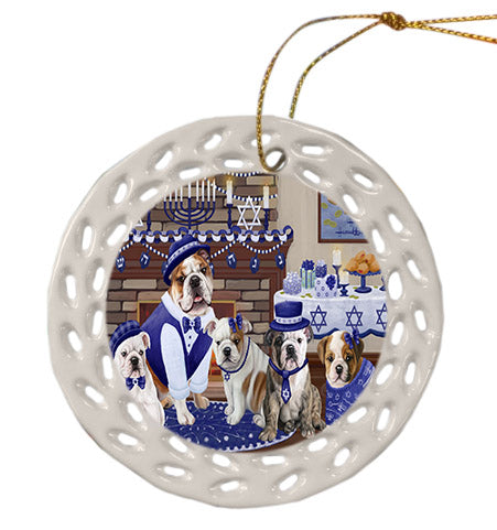Happy Hanukkah Family Bulldogs Ceramic Doily Ornament DPOR57605