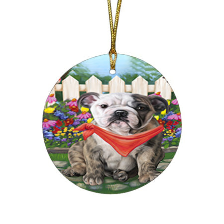 Spring Floral Bulldog Round Flat Christmas Ornament RFPOR49814