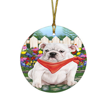 Spring Floral Bulldog Round Flat Christmas Ornament RFPOR49816