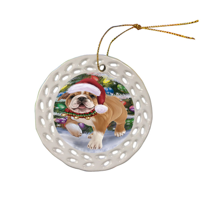 Trotting in the Snow Bulldog Ceramic Doily Ornament DPOR57003