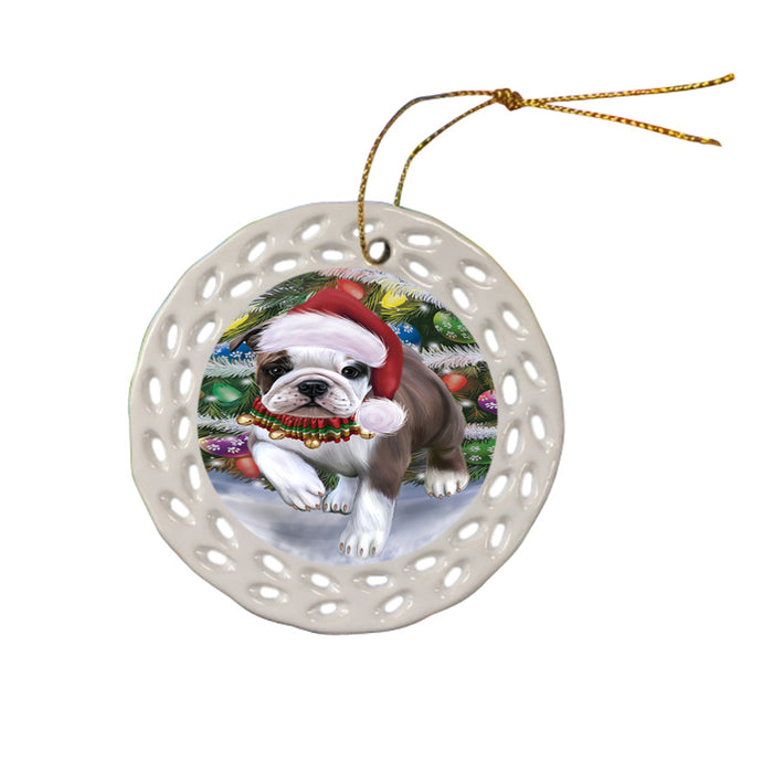 Trotting in the Snow Bulldog Ceramic Doily Ornament DPOR57004