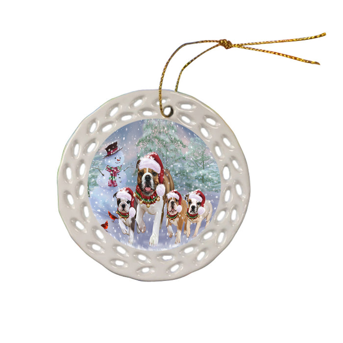 Christmas Running Family Bulldogs Ceramic Doily Ornament DPOR57231