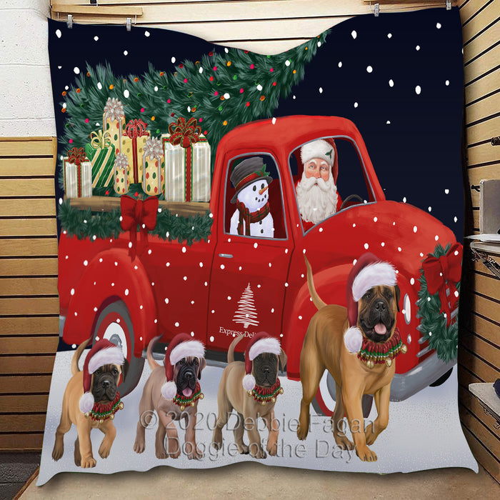 Christmas Express Delivery Red Truck Running Bulldogs Lightweight Soft Bedspread Coverlet Bedding Quilt QUILT59831