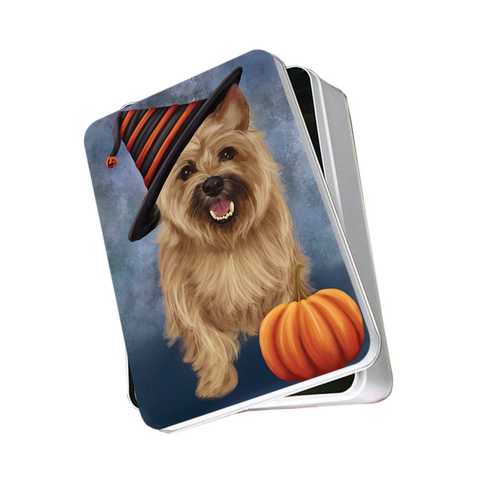Happy Halloween Cairn Terrier Dog Wearing Witch Hat with Pumpkin Photo Storage Tin PITN54817