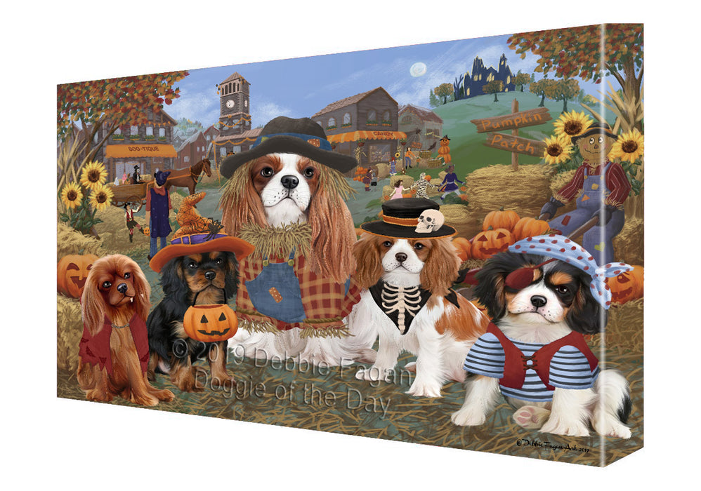 Halloween 'Round Town And Fall Pumpkin Scarecrow Both Cavalier King Charles Spaniel Dogs Canvas Print Wall Art Décor CVS139463