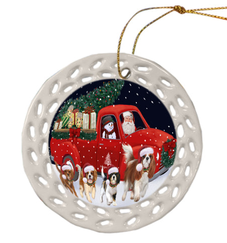Christmas Express Delivery Red Truck Running Cavalier King Charles Spaniel Dog Doily Ornament DPOR59254