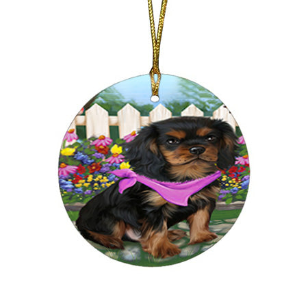 Spring Floral Cavalier King Charles Spaniel Dog Round Flat Christmas Ornament RFPOR49834