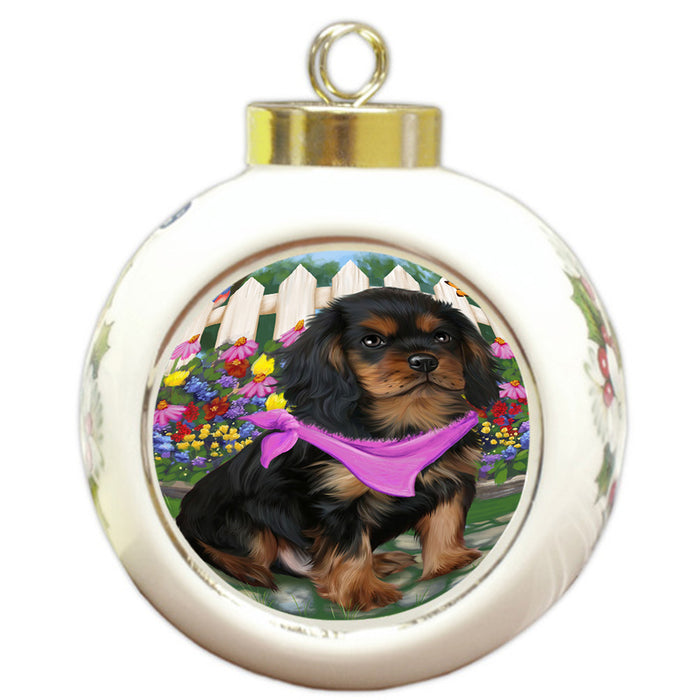 Spring Floral Cavalier King Charles Spaniel Dog Round Ball Christmas Ornament RBPOR49843
