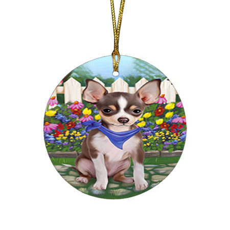 Spring Floral Chihuahua Dog Round Flat Christmas Ornament RFPOR49840