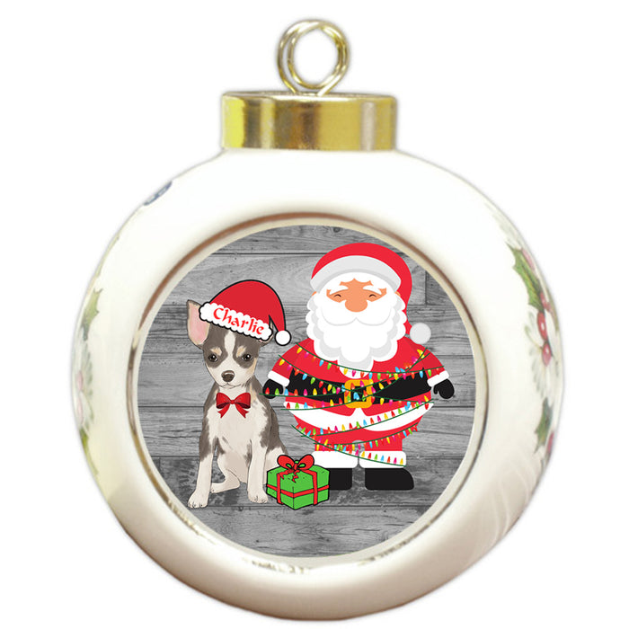 Custom Personalized Chihuahua Dog With Santa Wrapped in Light Christmas Round Ball Ornament