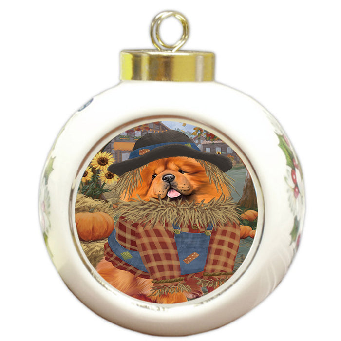 Halloween 'Round Town And Fall Pumpkin Scarecrow Both Chow Chow Dogs Round Ball Christmas Ornament RBPOR57454