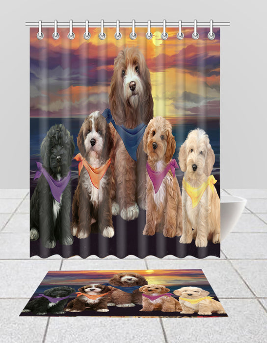 Family Sunset Portrait Cockapoo Dogs Bath Mat and Shower Curtain Combo