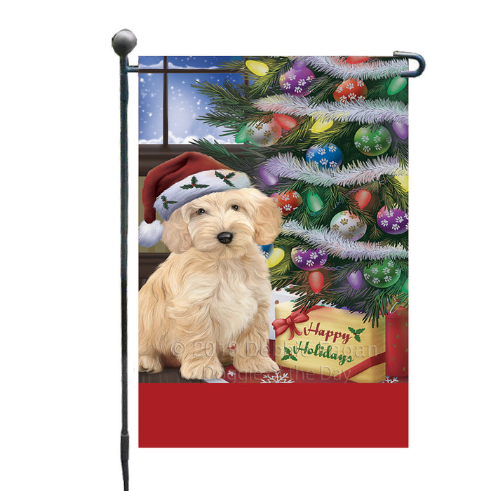 Personalized Christmas Happy Holidays Cockapoo Dog with Tree and Presents Custom Garden Flags GFLG-DOTD-A58620