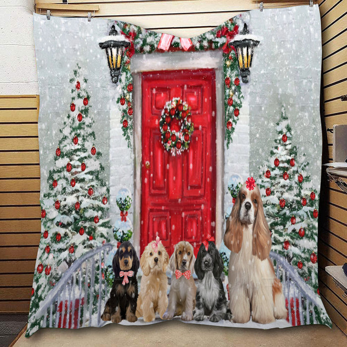 Christmas Holiday Welcome Cocker Spaniel Dogs  Quilt Bed Coverlet Bedspread - Pets Comforter Unique One-side Animal Printing - Soft Lightweight Durable Washable Polyester Quilt