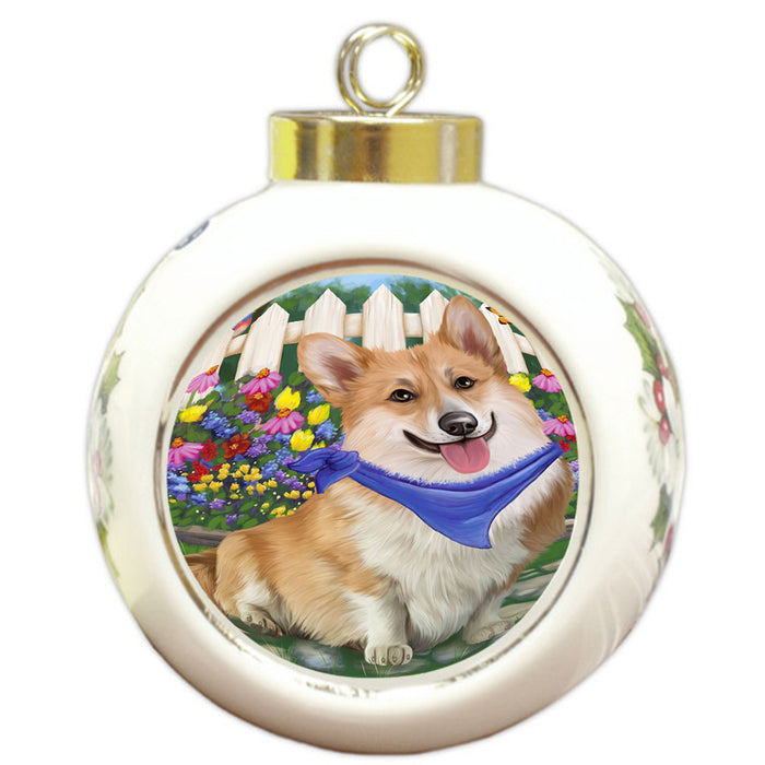 Spring Floral Corgi Dog Round Ball Christmas Ornament RBPOR49861