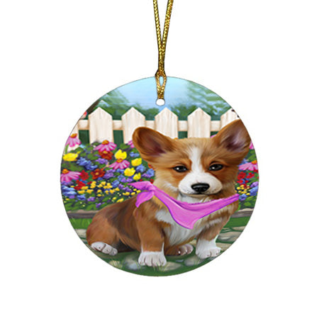 Spring Floral Corgi Dog Round Flat Christmas Ornament RFPOR49854