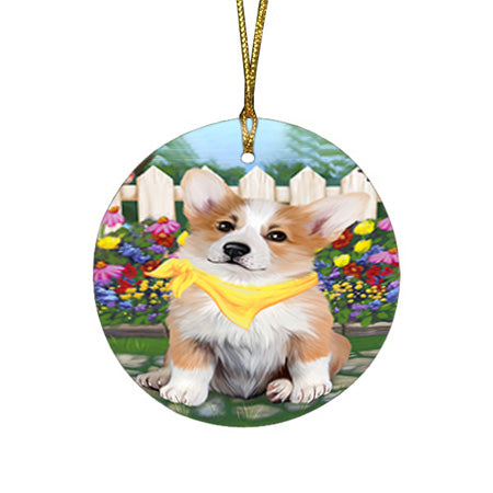 Spring Floral Corgi Dog Round Flat Christmas Ornament RFPOR49857
