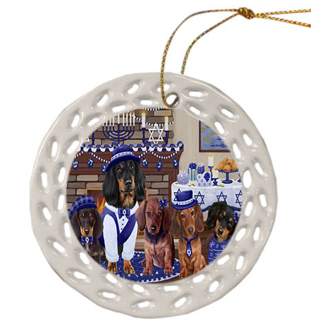 Happy Hanukkah Family Dachshund Dogs Ceramic Doily Ornament DPOR57615